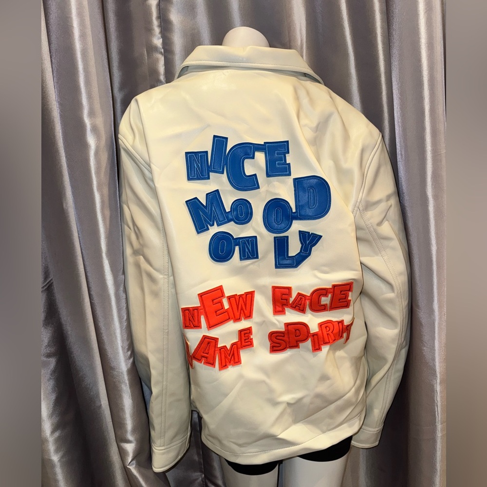 Never Worn! Men’s Cream Leather Jacket with Blue and Red Lettering